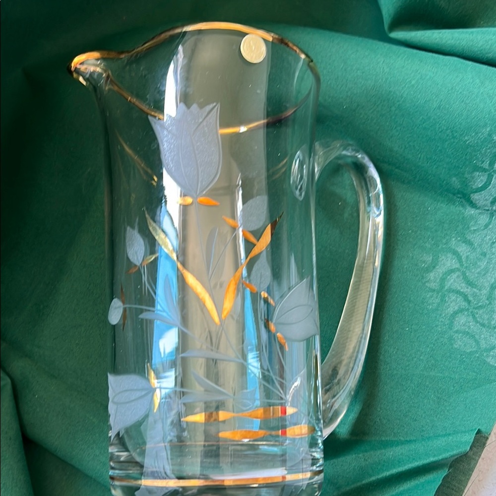 Glass Pitcher with Gold Rim and Floral Design